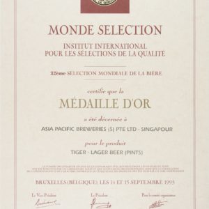 Tiger Lager Beer (Pints) - Médaille d'Or, Monde Sélection Certificate 1993