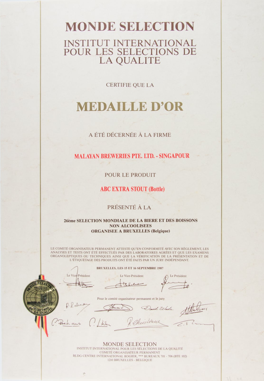 ABC Extra Stout (Bottles) Medaille d'Or, Monde Selection Certificate 1987