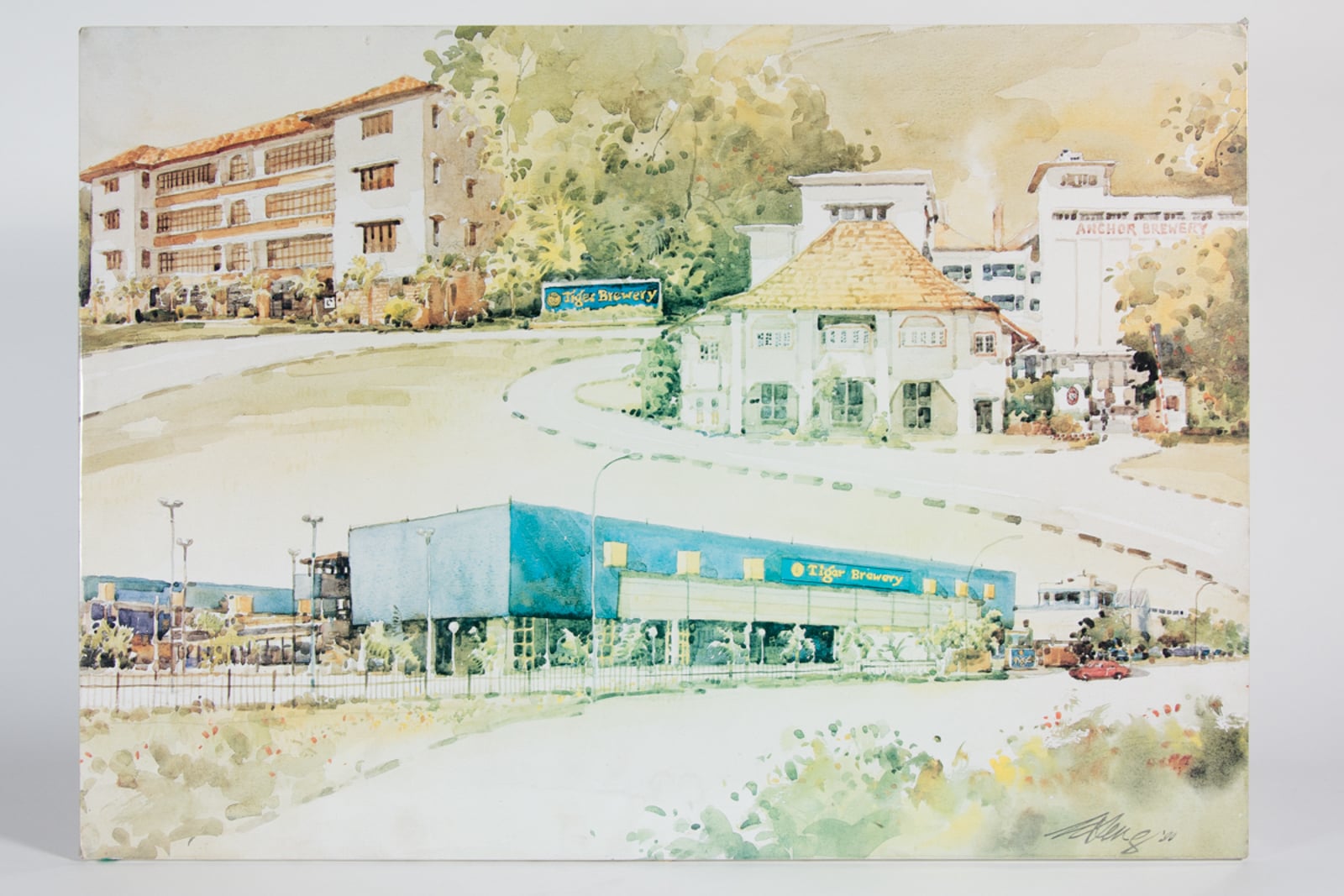 Reproduction of Ong Kim Seng's painting of Tiger Brewery, Anchor Brewery & Tiger Brewery Warehouse, 1990