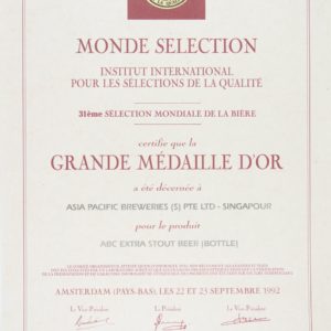 ABC Extra Stout Beer (Bottles) - Grande Médaille d'Or, Monde Sélection Certificate 1992