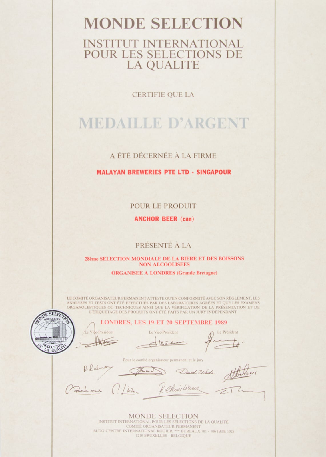 Anchor Beer (Can) - Médaille d'Argent, Monde Sélection Certificate 1989