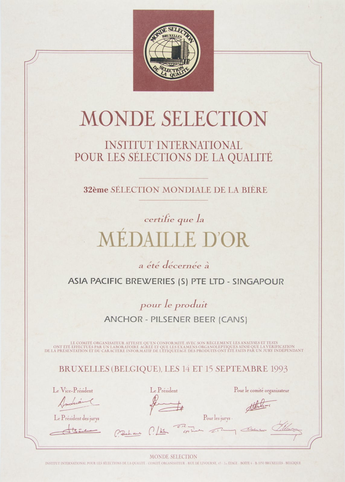 Anchor Pilsener Beer (Cans) Médaille d'Or, Monde Sélection Certificate 1993