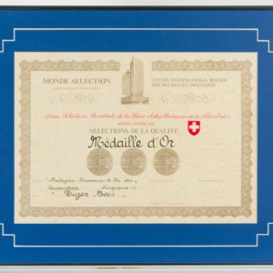 Tiger Beer Médaille d'Or, Monde Selection Certificate 1978