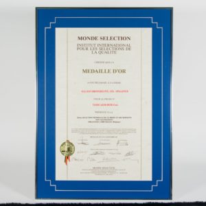 Tiger Lager Beer (Can) Médaille d'Or Monde Selection Certificate 1987