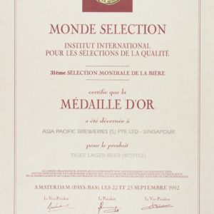 Tiger Lager Beer - Bottles - Médaille d'Or, Monde Sélection Certificate 1992
