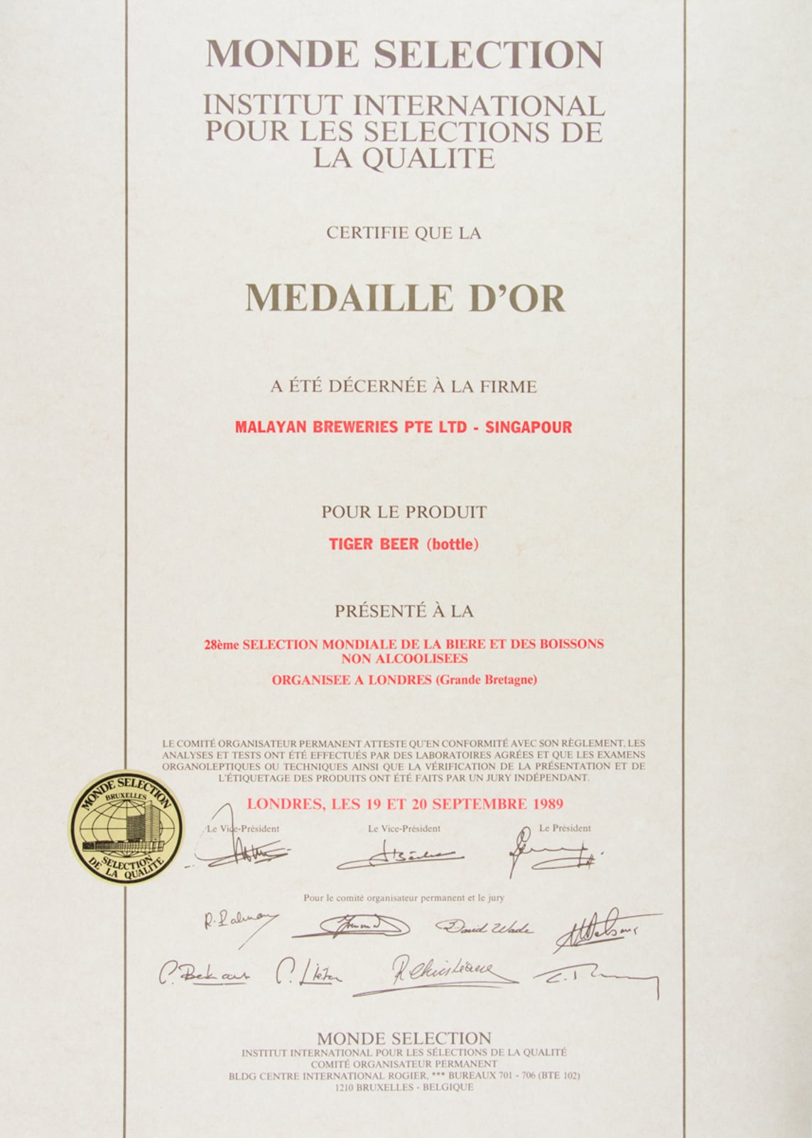 Tiger Beer (Bottle) - Médaille d'Or, Monde Sélection Certificate 1989
