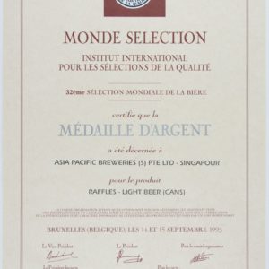 Raffles - Light Beer (Cans) Médaille d'Argent, Monde Selection 1993
