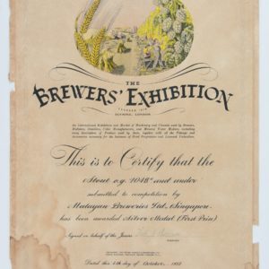 Stout o.g. 1048° & under - Silver Medal (First Prize), The Brewer's Exhbition Certificate 1957
