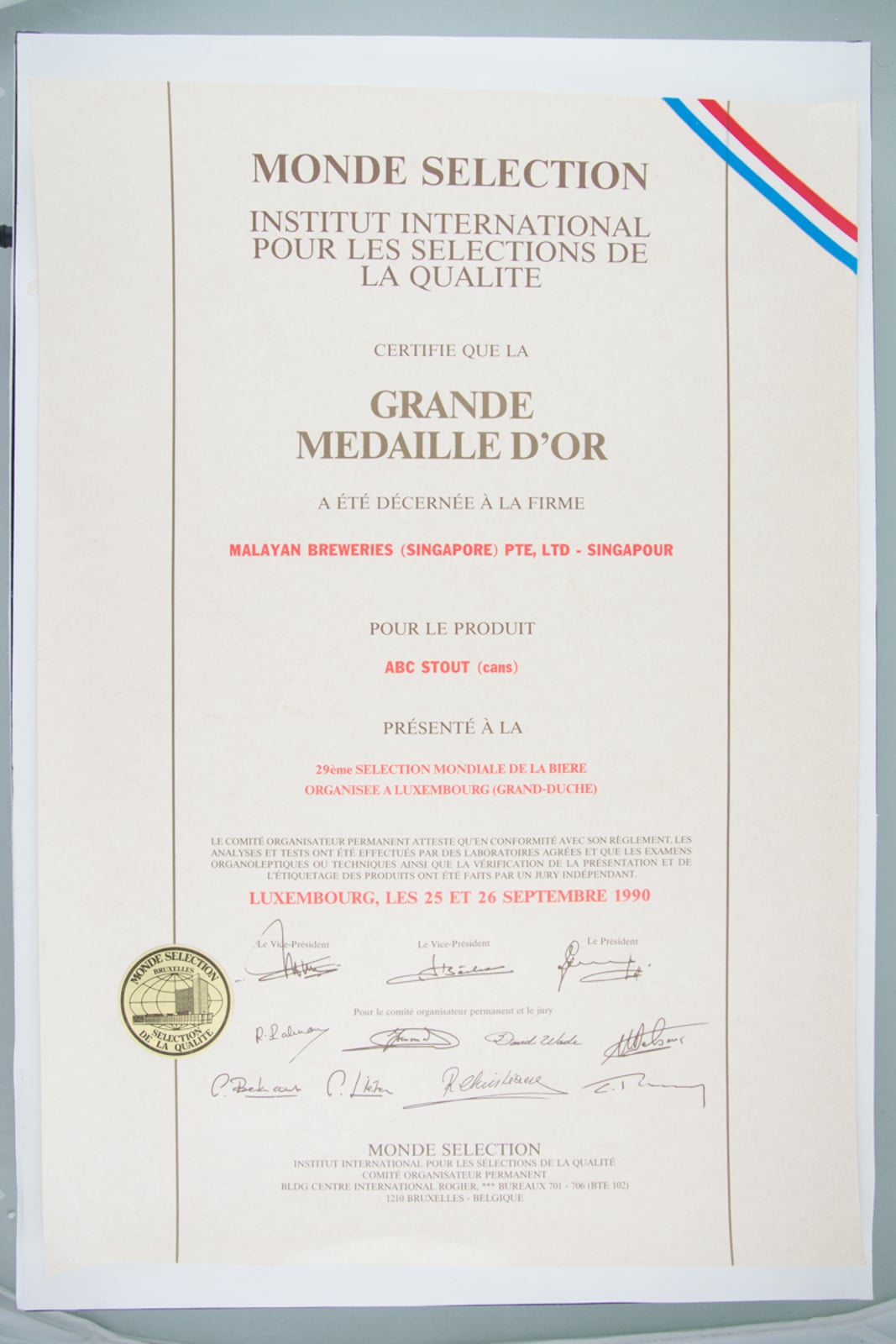 ABC Stout (Cans) Grande Médaille d'Or, Monde Sélection Certificate 1990