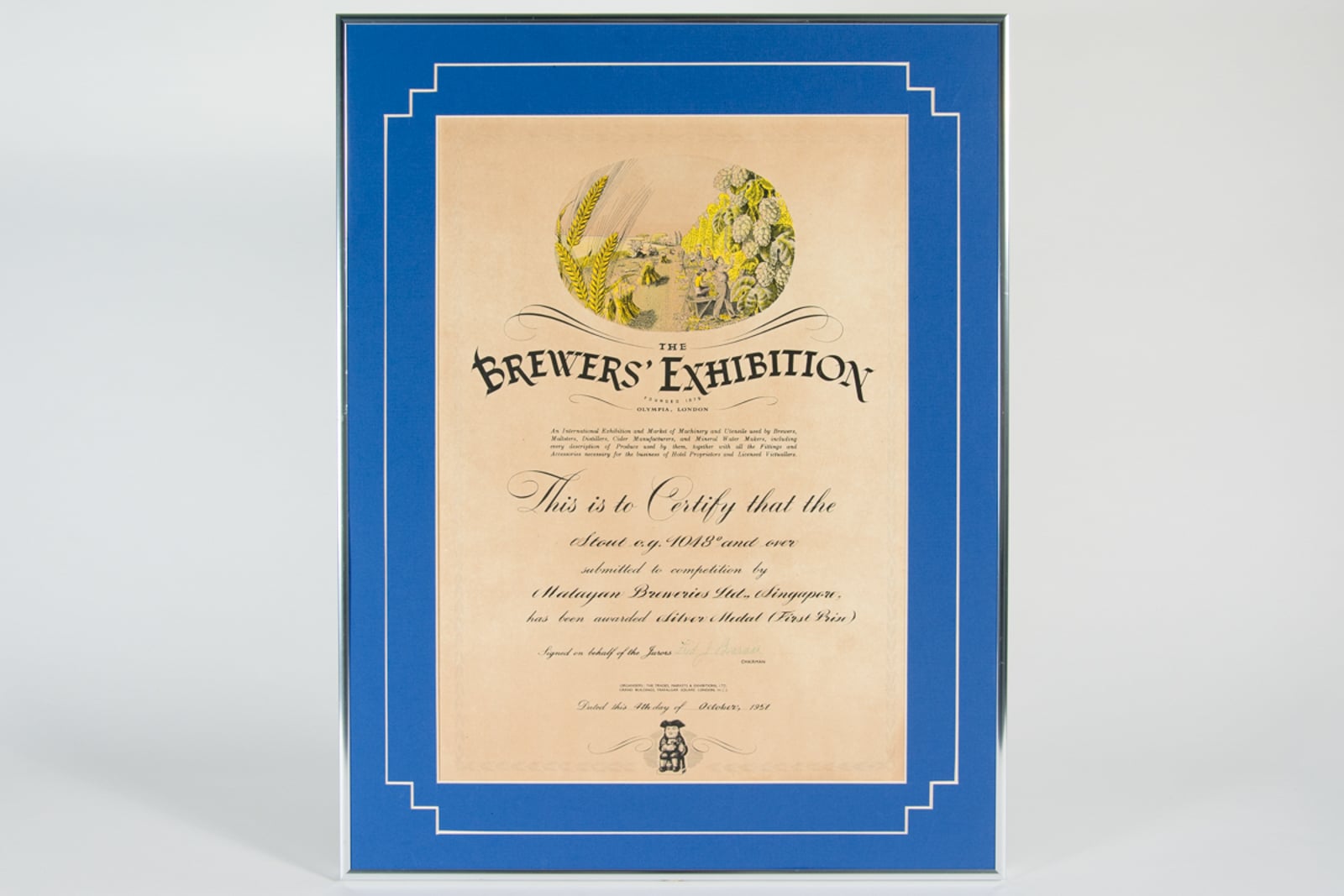 Stout og 1048° & over of Malayan Brewery, Silver Medal (First Prize), The Brewers' Exhibition Certificate 1957