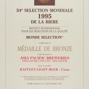 Raffles - Light Beer (Cans) Médaille de Bronze, Monde Selection Certificate 1995