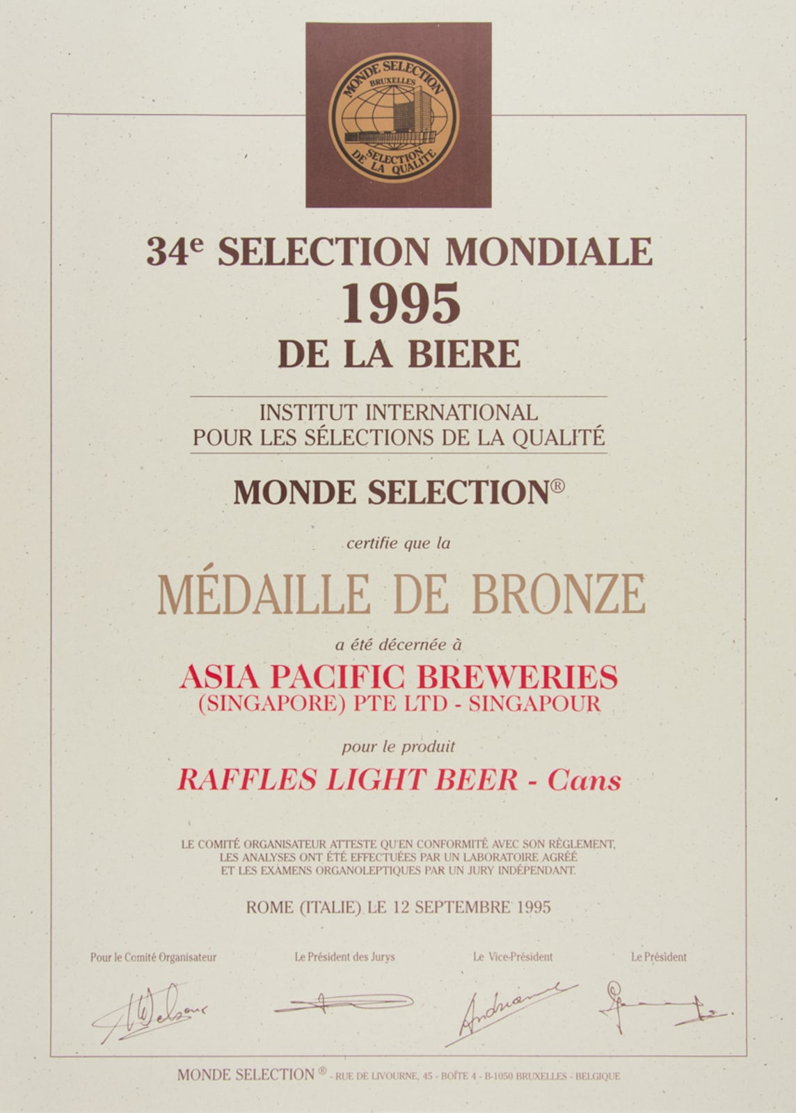 Raffles - Light Beer (Cans) Médaille de Bronze, Monde Selection Certificate 1995