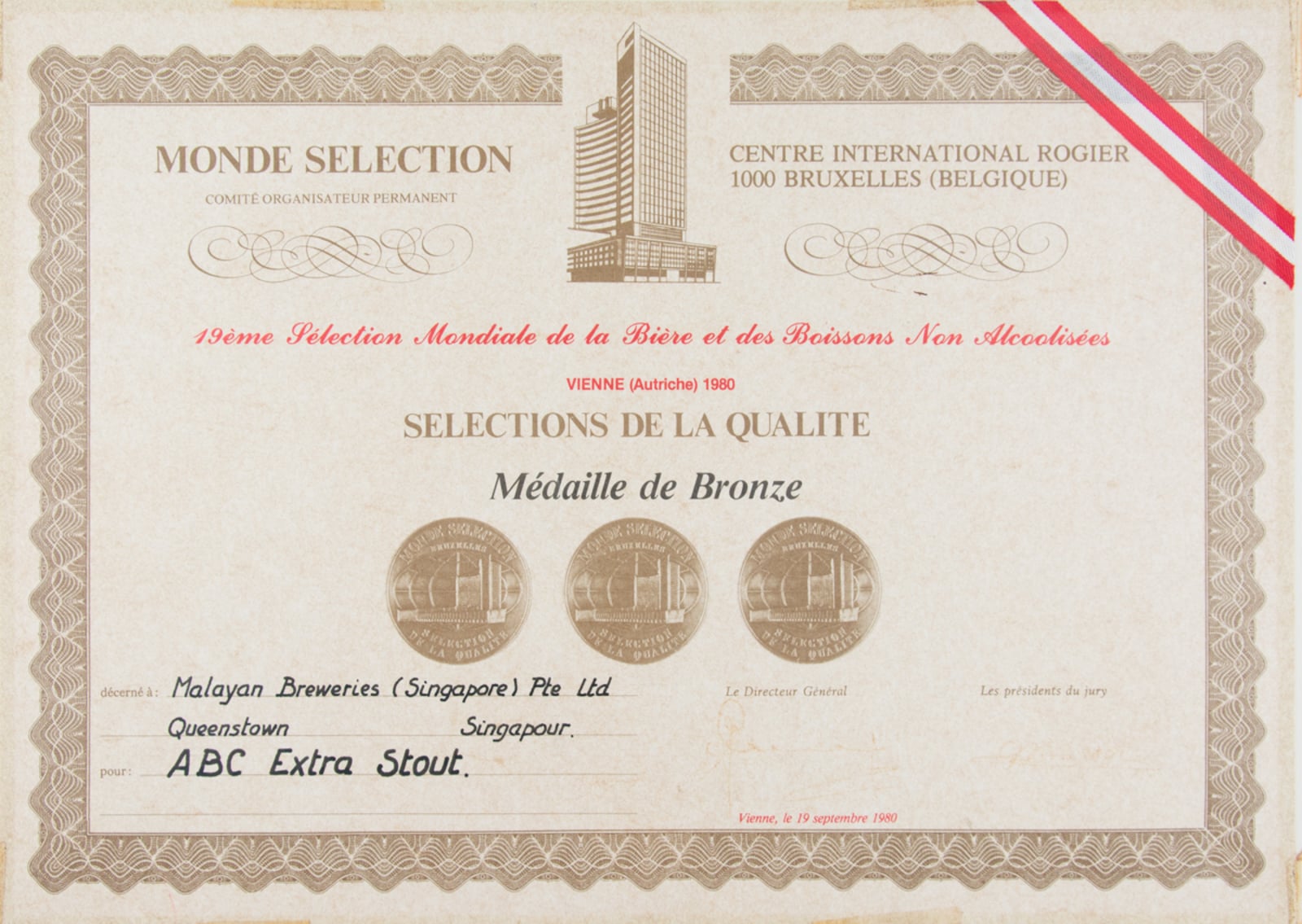 ABC Extra Stout Médaille de Bronze, Monde Selection Certificate 1980