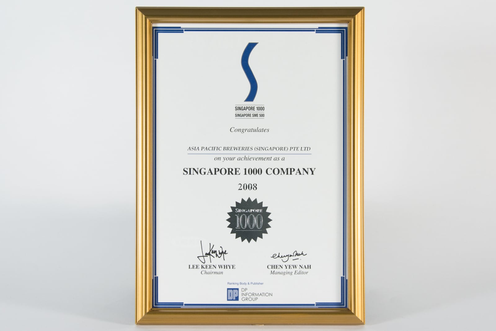 APBS Pte Ltd Singapore 1000 Company, DP Information Group Certificate 2008