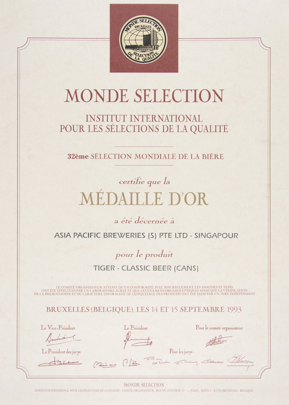 Tiger - Classic Beer (Cans) Médaille d'Or, Monde Selection Certificate 1993